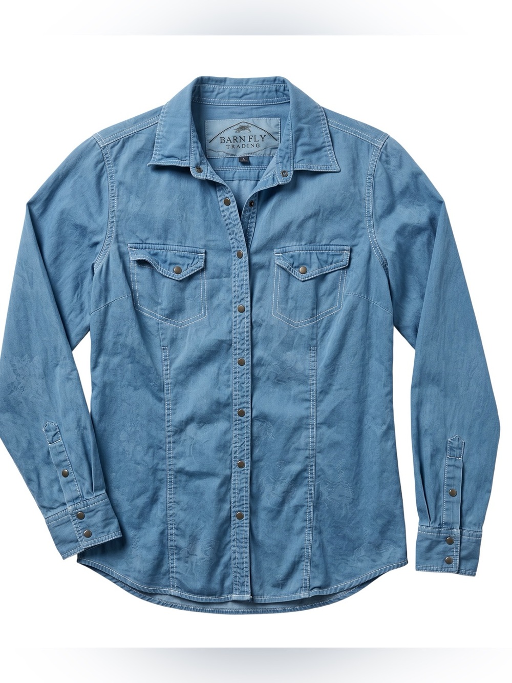 Barn Fly Trading Western Shirt Women’s M Blue Cotton Horse Print Snap Cowgirl